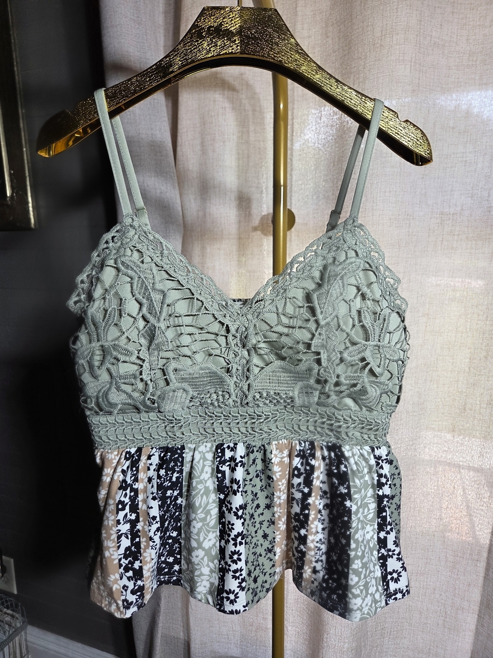 Derek Heart Sage Green Crochet Crop Top with Mixed Floral Panel
